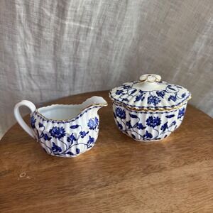 Spode Colonel Blue Creamer and Sugar Bowl Set Gold Trim Floral Discontinued